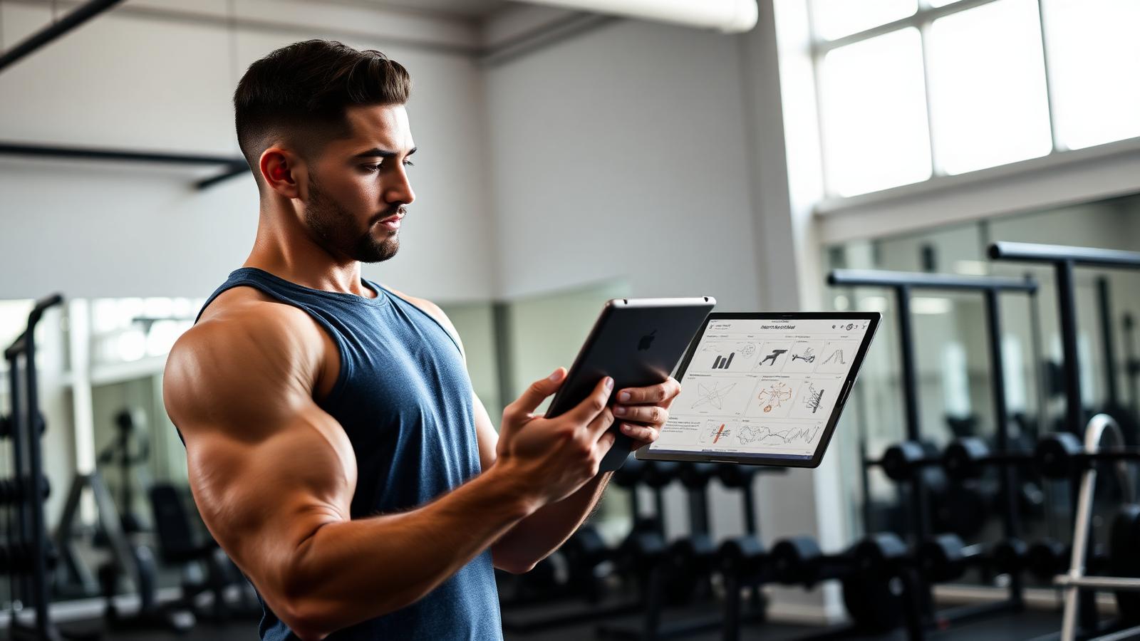 Personal trainer usando tablet com dados de alunos em academia
