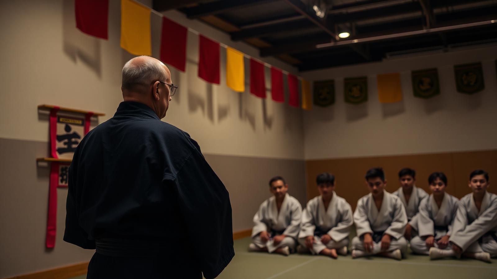 Professor de artes marciais observando alunos em dojô