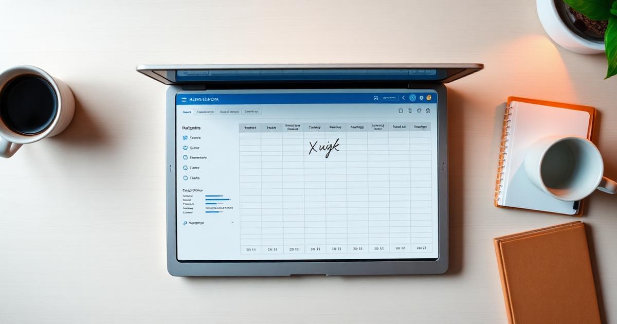 Laptop com dashboard substituindo planilha manual em mesa de trabalho de personal trainer