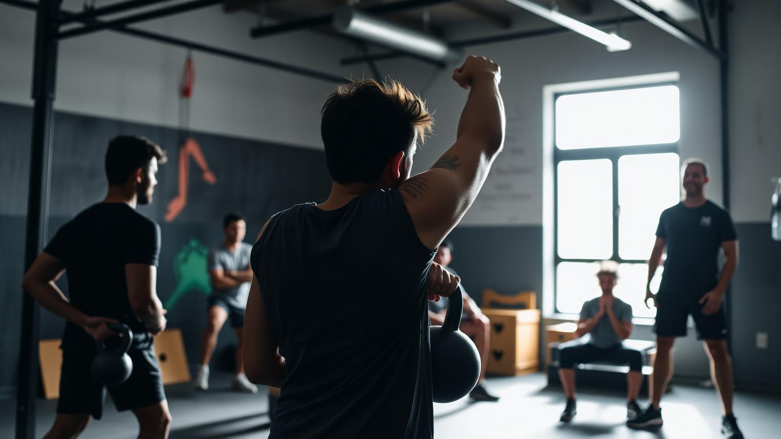 Aula de treino funcional com alunos usando kettlebell